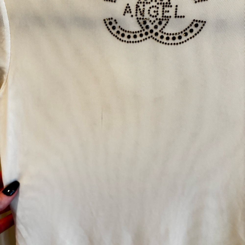Euro Qian Wan Zi CC Angel Cream Micro Mesh Pearl Gems & Ruffle Long Sleeve L - Picture 9 of 13